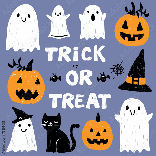 trick or Treat Halloween Illustration with Ghosts, Pumpkins and Black Cat