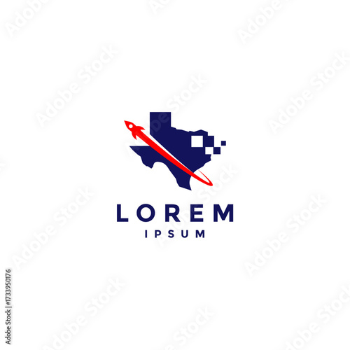 Texas Digital Rocket State Logo Design. Rocket Passes Over Texas Digital State Logo Design.