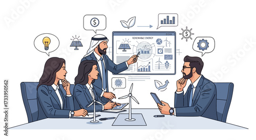 Business meeting about renewable energy with charts and graphs.
