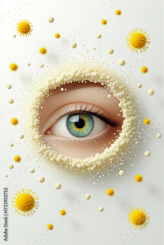 Surreal human eye surrounded by allergens and pollen particles