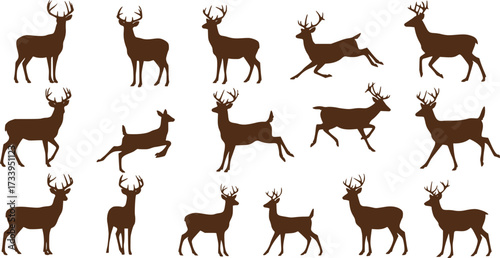 Deer silhouettes set vector illustration, black deer silhouette icon bundle