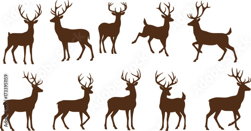 Deer silhouettes set vector illustration, black deer silhouette icon bundle