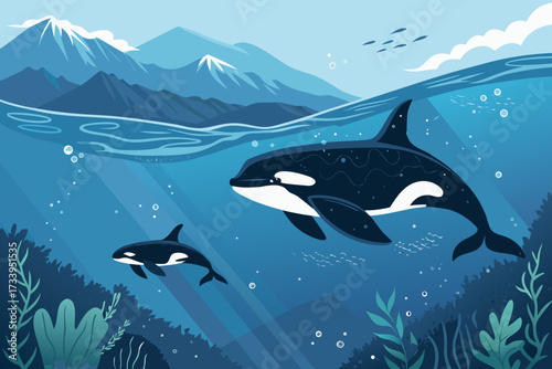 Stunning Orcas Swimming Deep Sea Bold Marine Professional Photo