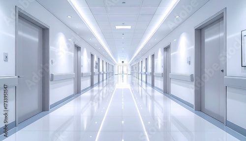 Bright White Hospital Hallway with Shiny Floor and Closed Doors under Fluorescent Lighting Glimmering Clean Sterile Interior
