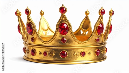 Golden crown adorned with red gemstones intricate fleur-de-lis motifs and symmetrical detailing for editorial royalty fantasy history and luxury-themed visuals