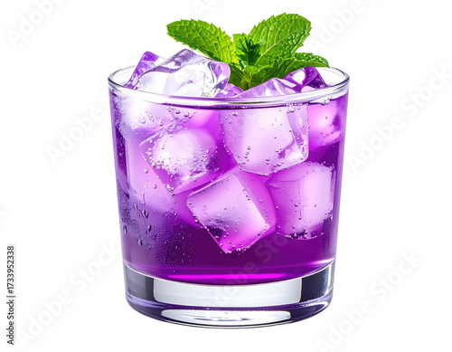 A vibrant purple cocktail with ice cubes and mint garnish in a clear glass