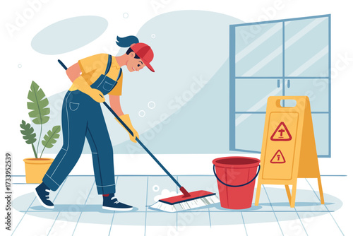 Showcasing Person Mopping Floor With Bucket Bold Cle Crisp High-Quality Stock Image