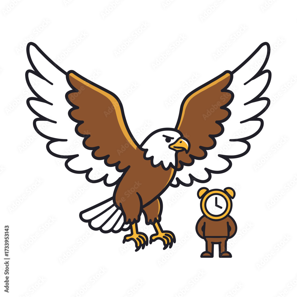 Fototapeta premium Cartoon bald eagle flying with clock