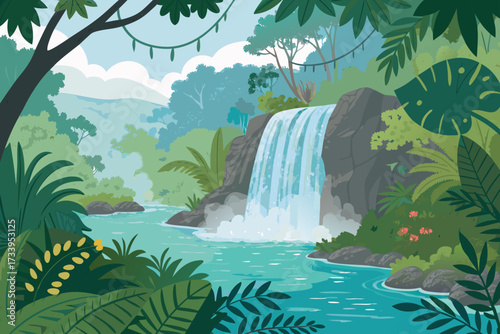 Vibrant Rainforest Waterfall With Mist And Bold Colors Premium Digital Asset