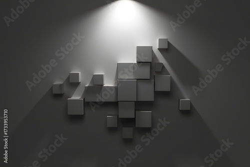 Abstract arrangement of 3d cubes casting dramatic shadows on a textured gray wall, illuminated by a single spotlight from above, creating a sense of depth and mystery