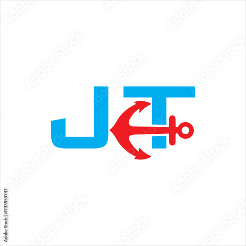 Minimal marine monogram logo with red anchor integrated into jt letters