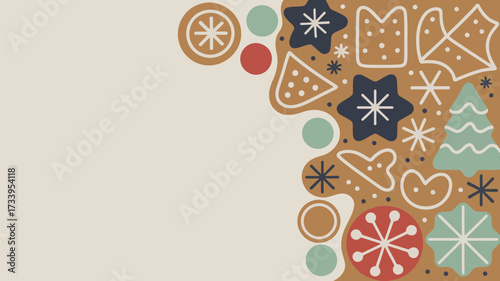 Gingerbread cookies and shapes with star designs and circles on a beige background pattern view