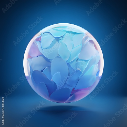 Abstract sphere filled with delicate blue petals, floating in a soft gradient of blue and purple, representing nature, beauty, and tranquility in a 3d render