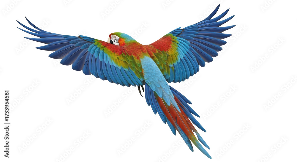 Fototapeta premium Isolated vibrant macaw with open wings flying, exotic plumage, vibrant feathers, tropical