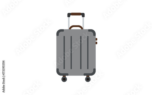 A gray rolling suitcase with a retractable handle and wheels, isolated on a white background.