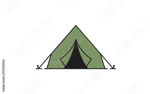 A simple illustration of a green A-frame tent with a dark opening and support ropes, set against a plain background.