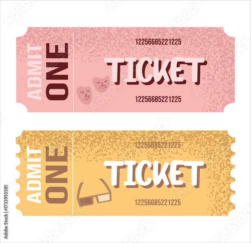 Set of cinema tickets, collection of retro tickets, colorful paper coupons with numbers, admit one, isolated vector illustration for entertainment, cinema, theater, concert design
