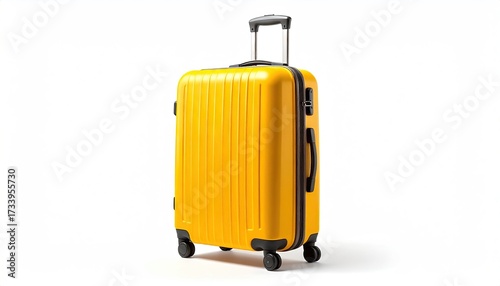 Bright Yellow Hardside Suitcase on Wheels Isolated Against White Background in Studio Lighting Travel and Luggage Concept with Retractable Handle