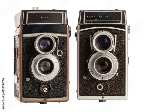 Two classic twin-lens reflex cameras are viewed front-on, showing their lenses