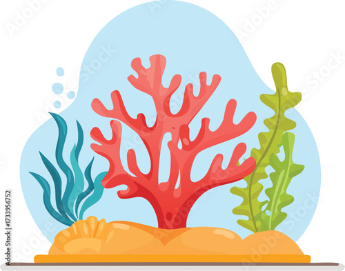 A simple, flat design illustration of a red coral reef with seaweed. A vector icon for ocean, sea, and underwater nature concepts. Generative AI