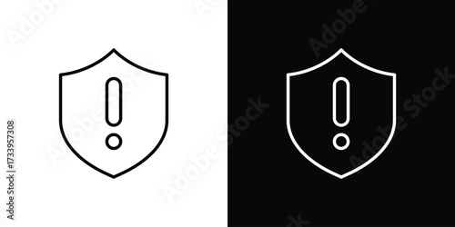 Shield exclamation icon outline pictogram isolated on white. Vector Icon shape.