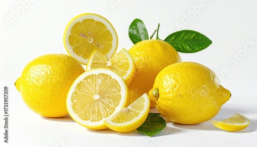 Bright Yellow Lemons with Slices and Green Leaves on a White Background Studio Shot