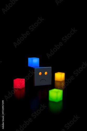 Sad face cube surrounded by colorful glowing cubes on a black background