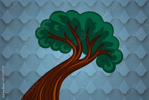 Stylized illustration of a vibrant green tree with a thick brown trunk and branches, set against a textured blue background