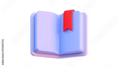 Open blue book with red bookmark isolated on white background