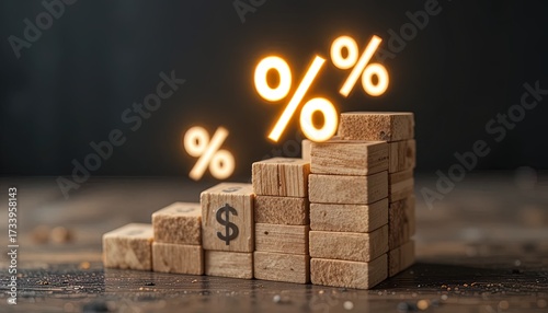 Conceptual image representing interest rates and financial growth using wooden blocks and glowing percentage symbols.