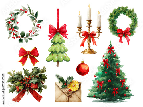 Watercolor set of Christmas elements. Christmas tree, bouquet of Christmas tree branches, decoration, candles, wreath and envelope. Vintage cliparts for Christmas and New Year.