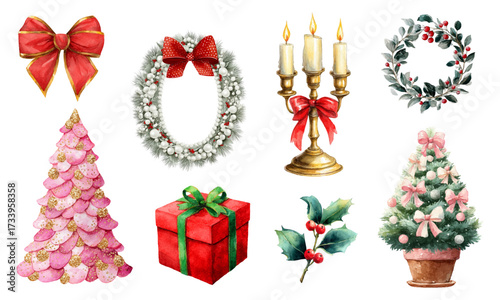 Watercolor set of Christmas elements for decoration. Christmas tree, red bow, holly branch, Christmas frame, wreath, candle holder with candles. Clipart for Christmas and New Year's designs.