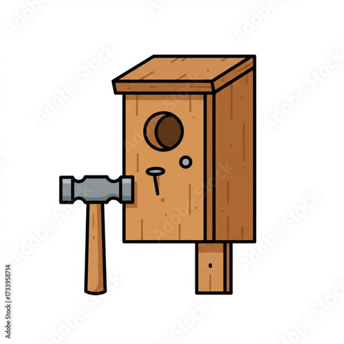 Wooden Birdhouse Vector Illustration with Hammer – DIY Nest Box Construction Icon