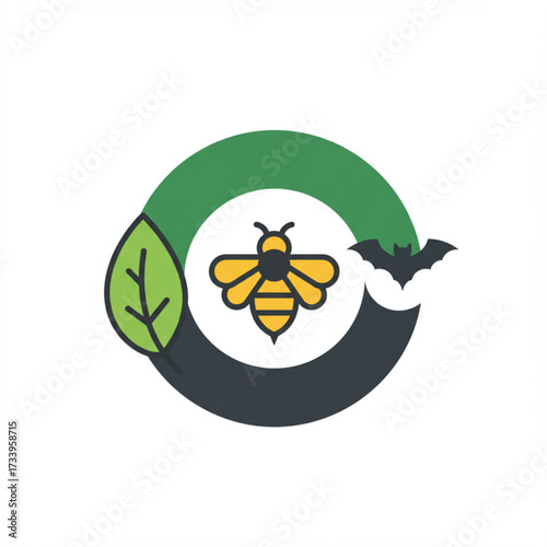 Eco Circle Vector Logo with Bee, Bat, and Leaf – Biodiversity and Sustainability Icon