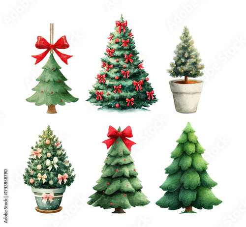 Watercolor set of Christmas trees. Vintage green Christmas trees decorated with a bow and balls. Trees in pots. Green attributes of Christmas and New Year.