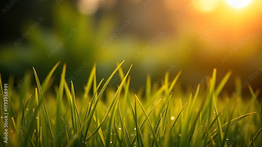 Fototapeta premium A tranquil sunrise over a lush green field, dewdrops glistening like tiny jewels in the morning light.