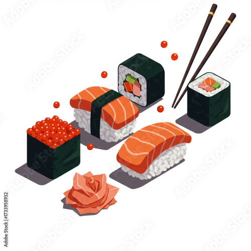Vector Illustration of Sushi Set – Japanese Cuisine with Salmon Nigiri, Maki, and Ikura