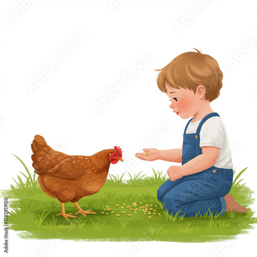 Vector Illustration of Child Feeding Chicken on Farm – Kids and Animal Care Concept