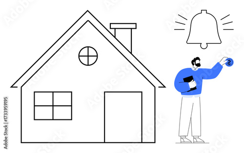 Man standing outside a house holding a device, activating a security system. Large house outline and ringing alert icon emphasize alarm theme. Ideal for security, safety, home automation, technology