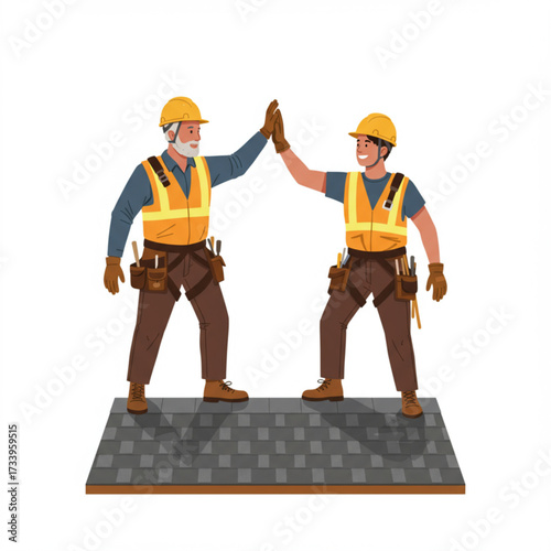Vector Illustration of Construction Workers Giving High Five – Teamwork and Safety at Work