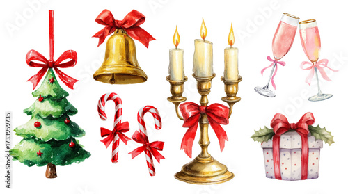 Vintage set of Christmas cliparts. Christmas tree decoration, Christmas tree, bell, candy, candles in gold tinsel, glasses of champagne and gift. Watercolor Christmas elements.