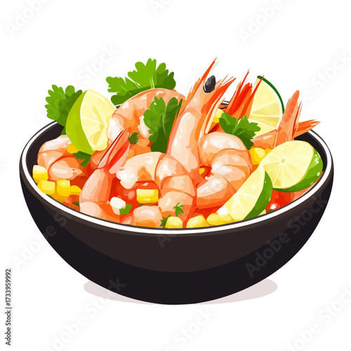 2D flat vector illustration of a Ceviche De Camaron in icon style, isolated on white background