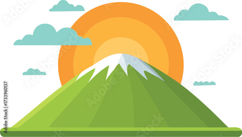 A simple, flat design illustration of a green mountain with a rising or setting sun and clouds. A minimalist vector icon for nature and travel. Generative AI