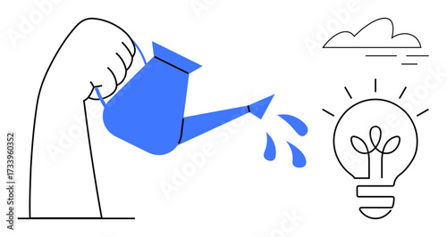 Hand pouring water from a blue watering can onto a sprouting light bulb with leaves, symbolizing growth, innovation, and idea cultivation. Ideal for creativity, growth, innovation, learning
