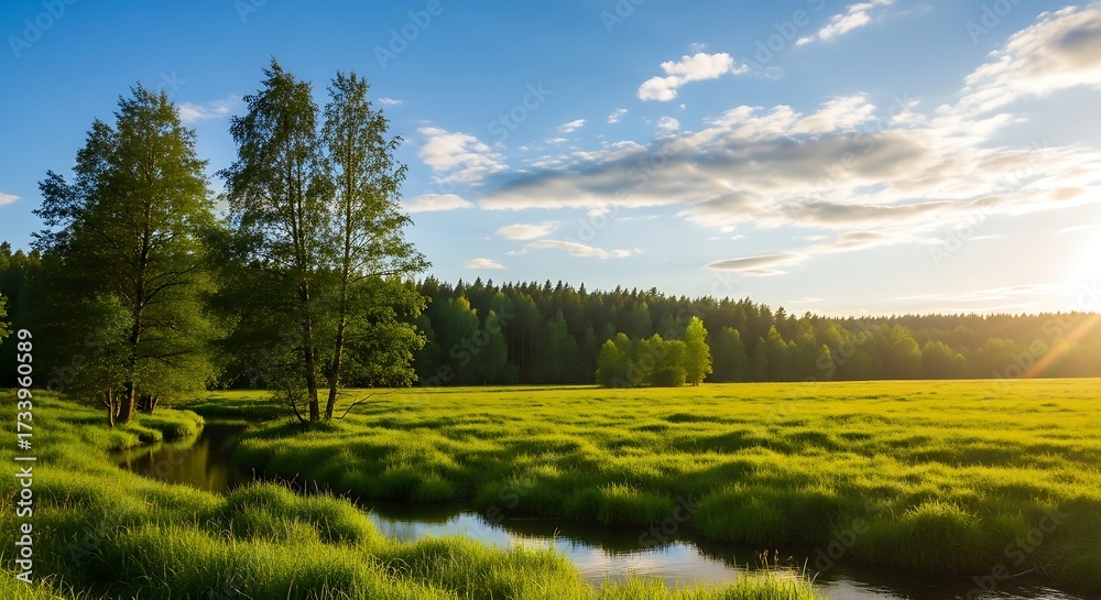 Naklejka premium Serene meadow with a winding stream and lush trees under a cloudy sky