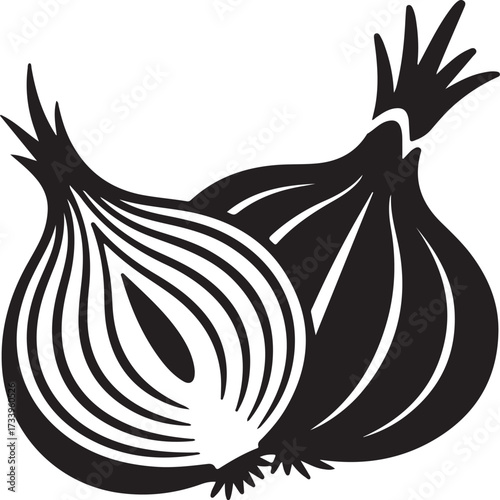 Black and white illustration of two onions, one halved