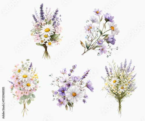 A set of bouquets of wild and meadow flowers. Bouquets of chamomile, cosmos, lavender and others. Delicate bouquets of fragrant flowers. Spring and summer wild flowers.