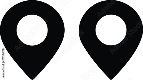 Two black location pointers graphic element representing navigation and place markers for digital and print projects