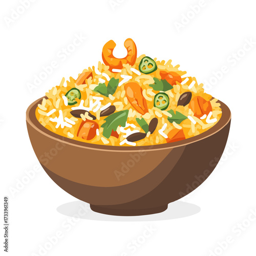 Flat 2D Biryani illustration, vector graphic in icon style, on white background