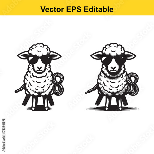 Two cartoon sheep wearing sunglasses and holding the number 8, isolated on white background